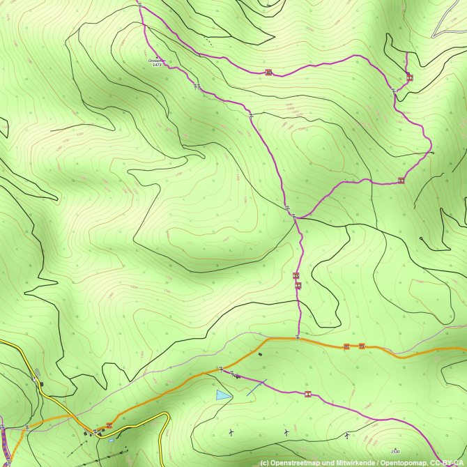 Start bei der Rehbockhütte (links unten). Auf Forstweg (Weg 551) bis zur Abzweigung (Wege 35/37), dann immer Weg 35 bis zum Großofen folgen. Gut markiert, alle Abzweigungen sind beschildert.