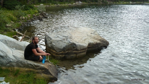 Kevin filtering water at Lake Rosalie