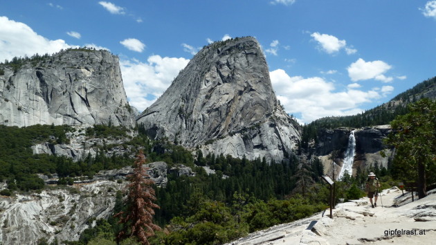 The first glimpse of Nevada Fall. Mt Broderick and Liberty Cap on the left
