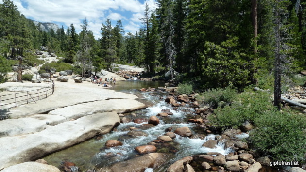 Low water levels allow swimming on top of Nevada Fall