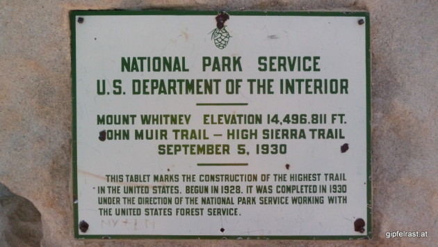 This plaque marks the summit and the end of the John Muir Trail