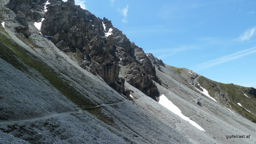 Lange Geröllquerung unterhalb der Schlicker Seespitze
