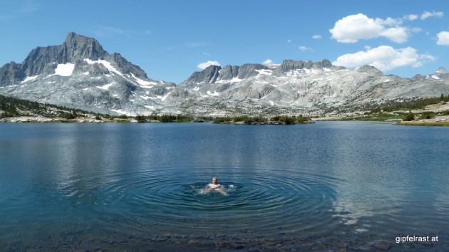 Thousand Island Lake in front of Banner Peak made a fine swimming pool. Swimming also serves as basic hygiene procedure on the trail.